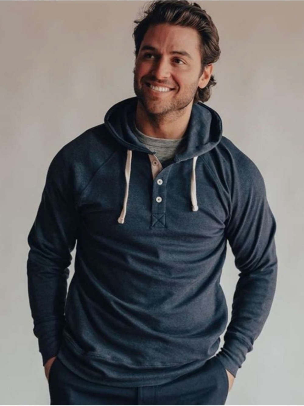 The Normal Brand Men's Stormy Blue Henley Hoodie with Drawstring